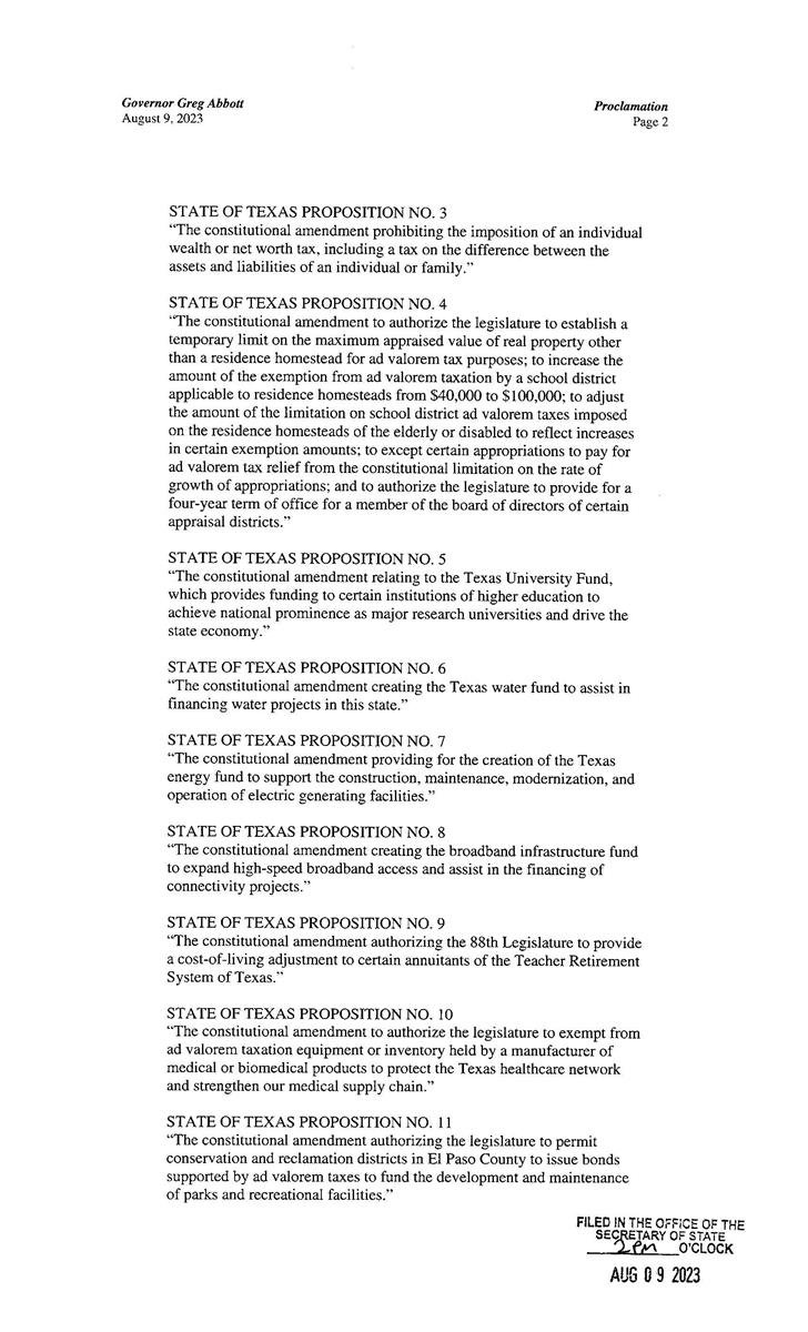 Proclamation by the Governor of the State of Texas for order of a special election page 2